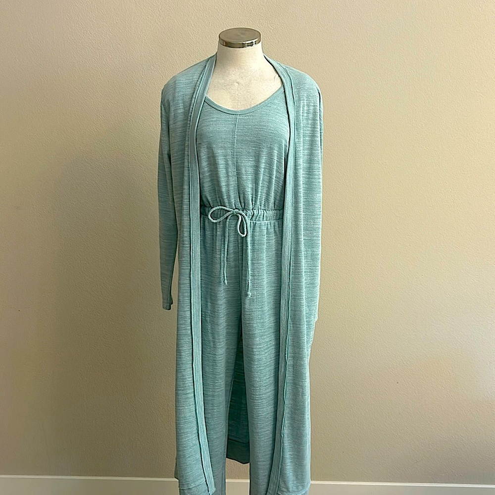 Free People Bi-Coastal Set Jumpsuit Maxi Cardigan 2 Pc Aqua XS Gently Used